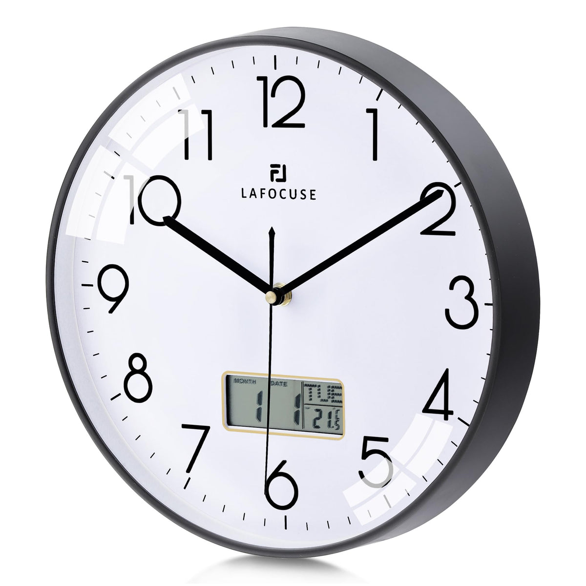 Lafocuse Silent Wall Clock with Calendar Digital LCD, Modern Wall Clock with Date Day of the Week and Thermometer, Black Analog Quartz Clock for Living Room Bedroom Office Kitchen 30cm