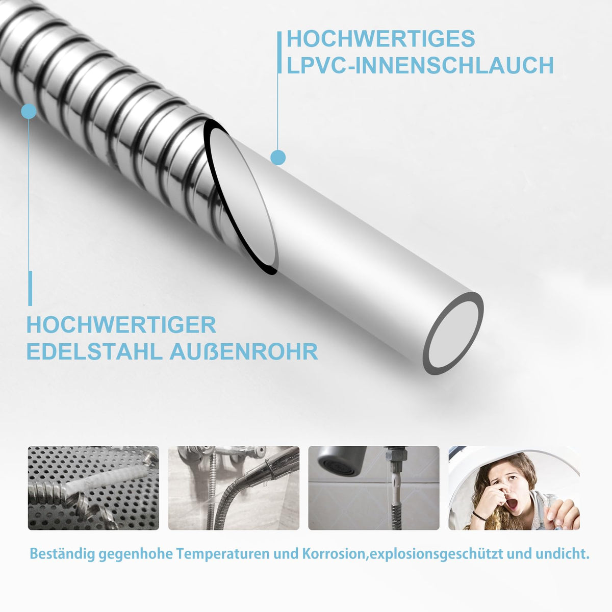Shower Hose 1.2m Anti-Twist Stainless Steel High-Pressure – Chrome