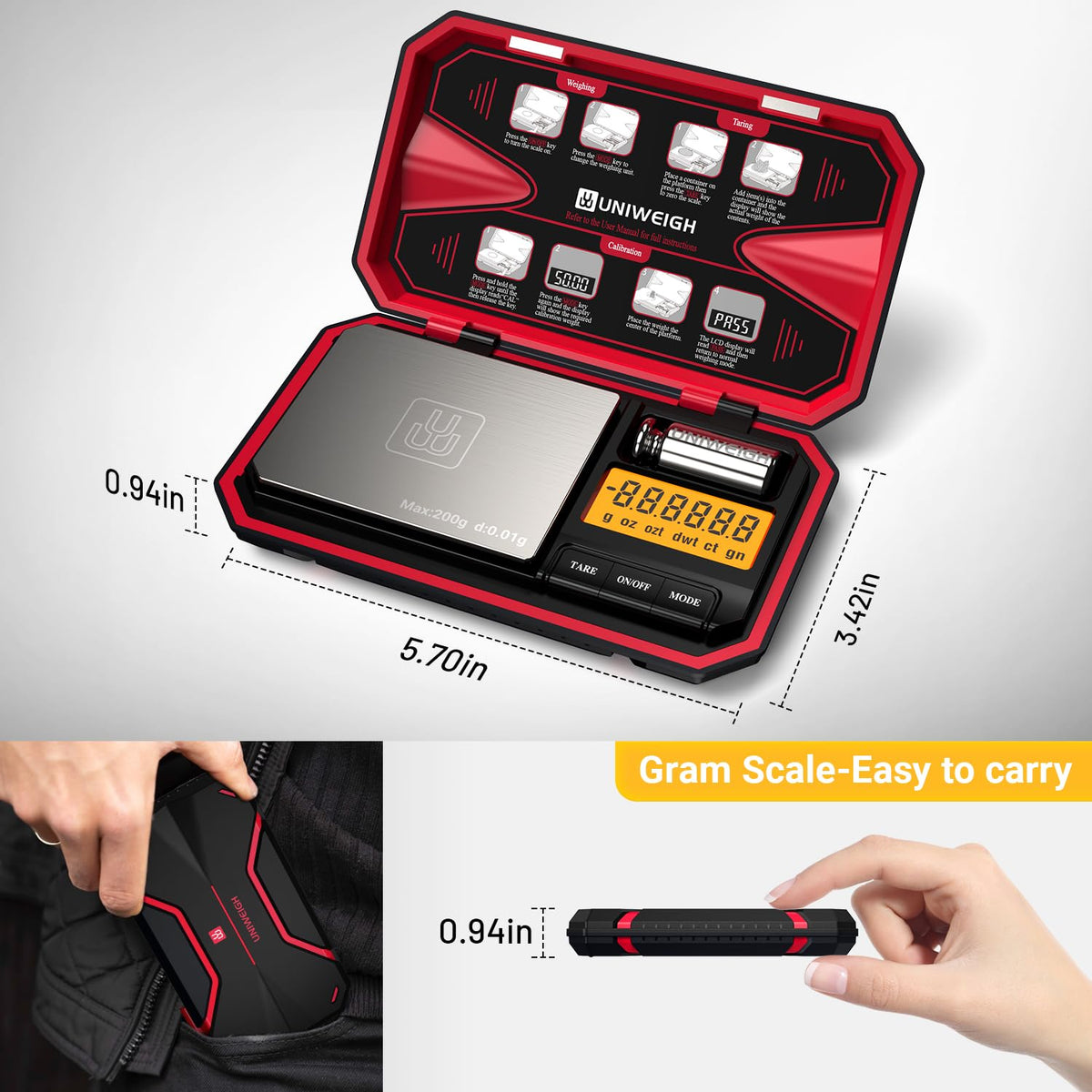 Cântar digital de buzunar de mare precizie 200g / 0.01g UNIWEIGH cu greutate de calibrare – Roșu