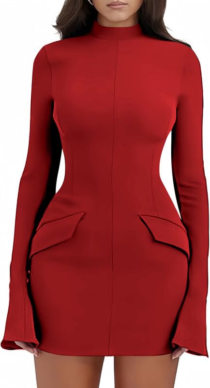 Rochie scurtă mulată cu mânecă lungă și buzunar pentru damă – Negru