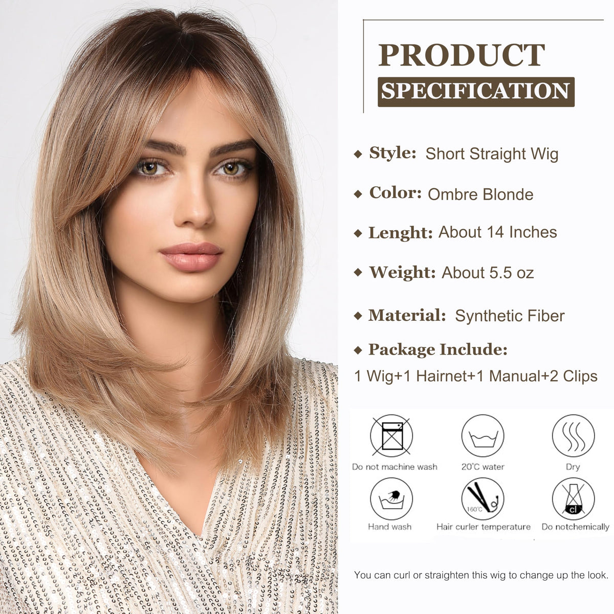 Short Straight Ombre Blonde Bob Wigs with Curtain Bangs – 24 Inch
