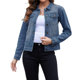 Women's Short Denim Jacket Oversized Long Sleeve with Pockets - Blue S