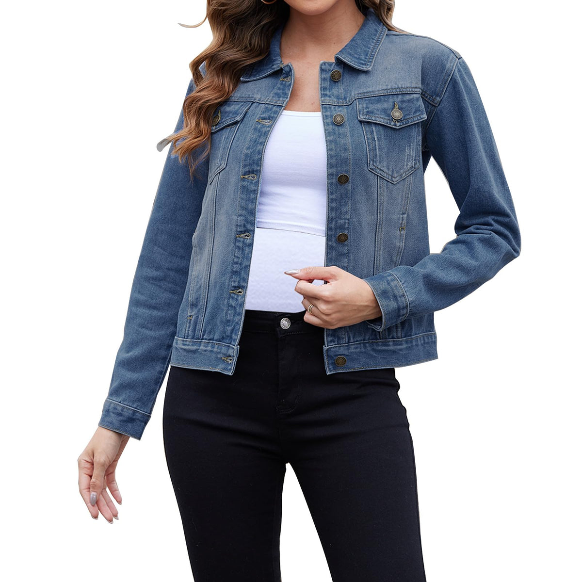 Women's Short Denim Jacket Oversized Long Sleeve with Pockets - Blue S