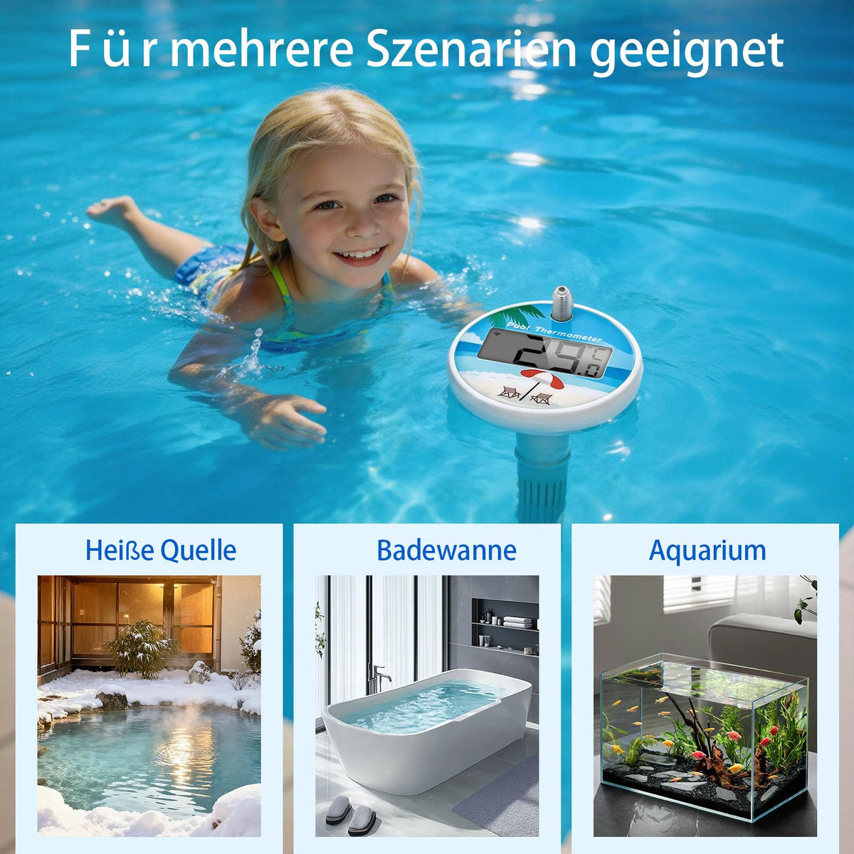 Wireless Pool Thermometer Digital Display IP68 Range up to 100m for Pools Ponds – White