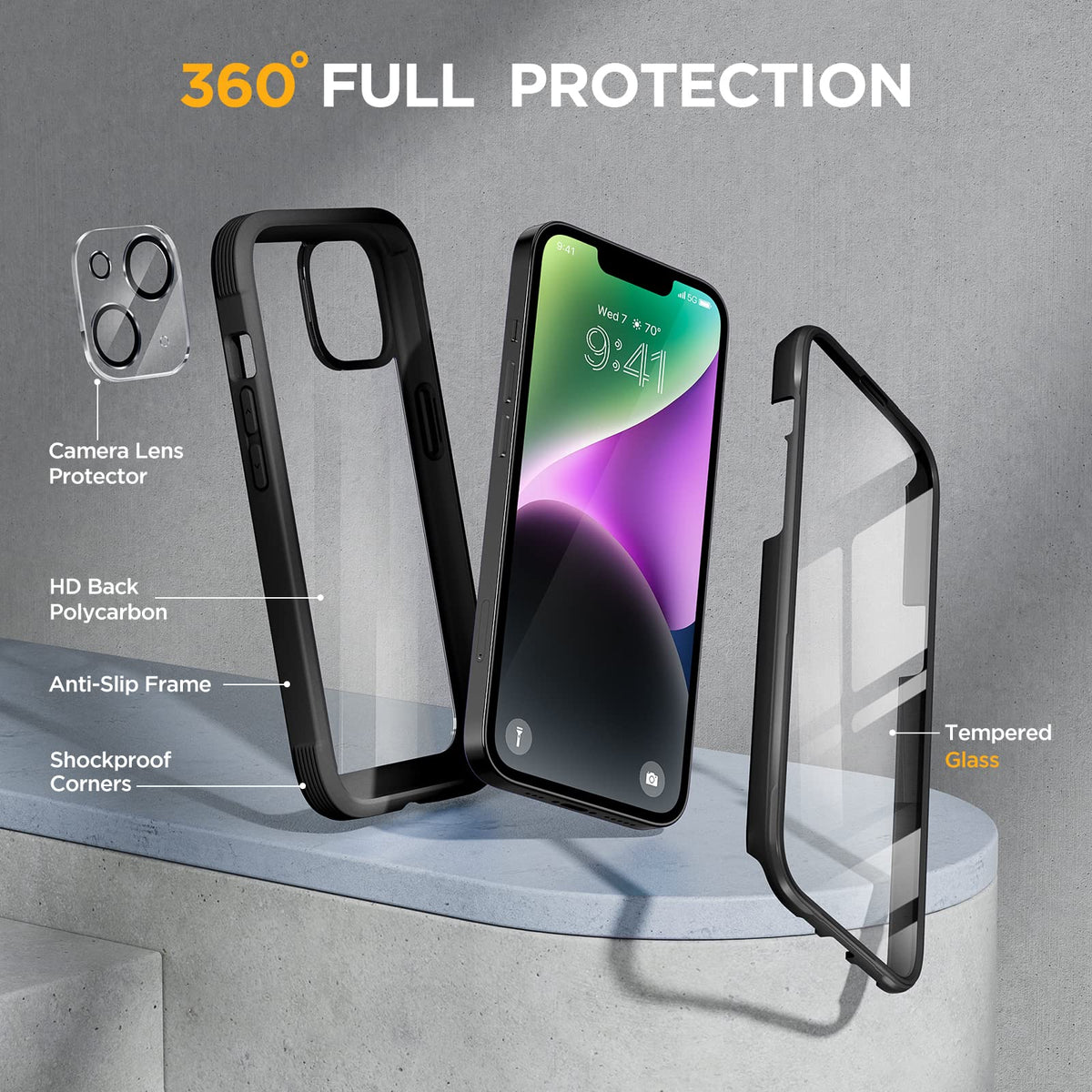 Husă de protecție integrală 360 grade cu folie inclusă pentru iPhone 13 / 14 – Negru
