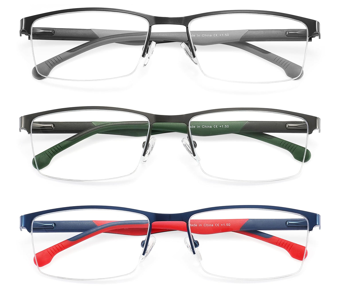 MODFANS 3 Pack Reading Glasses Men Blue Light Filter Metal Frame Rectangle Style Stainless Steel Material