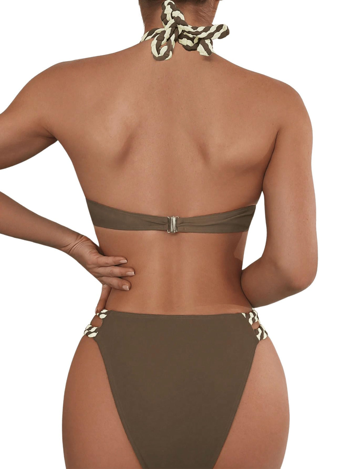 GORGLITTER Push Up Bikini Women Set Halterneck Bikini With Underwire Cut Out Bikini With Color Block Two Piece Swimsuit Brown M