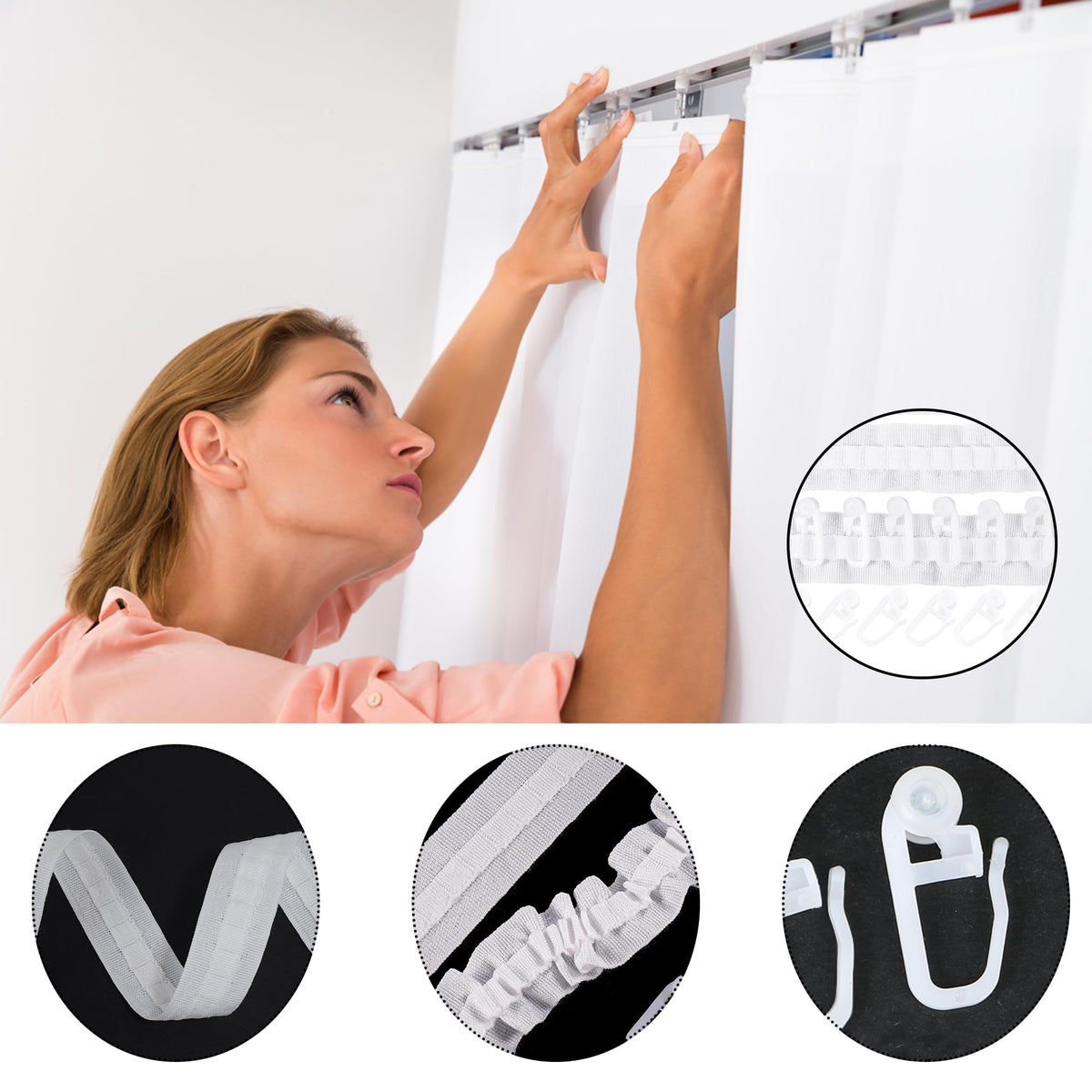 Rejansă pentru perdele și draperii 30m x 2.5cm cu 50 cârlige de prindere – Alb