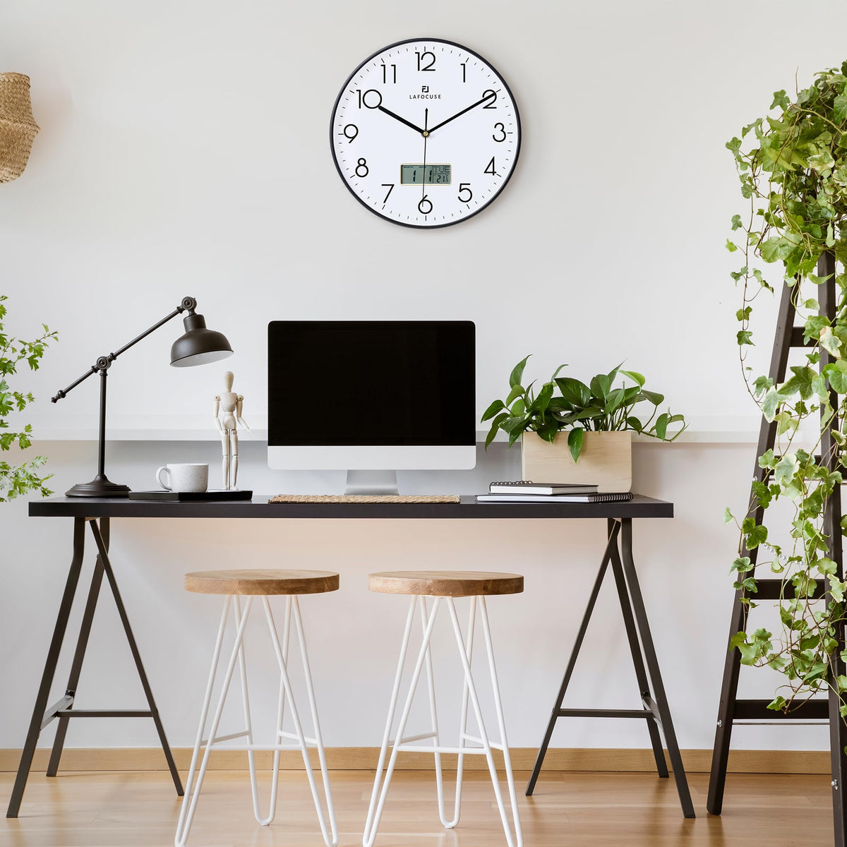 Lafocuse Silent Wall Clock with Calendar Digital LCD, Modern Wall Clock with Date Day of the Week and Thermometer, Black Analog Quartz Clock for Living Room Bedroom Office Kitchen 30cm