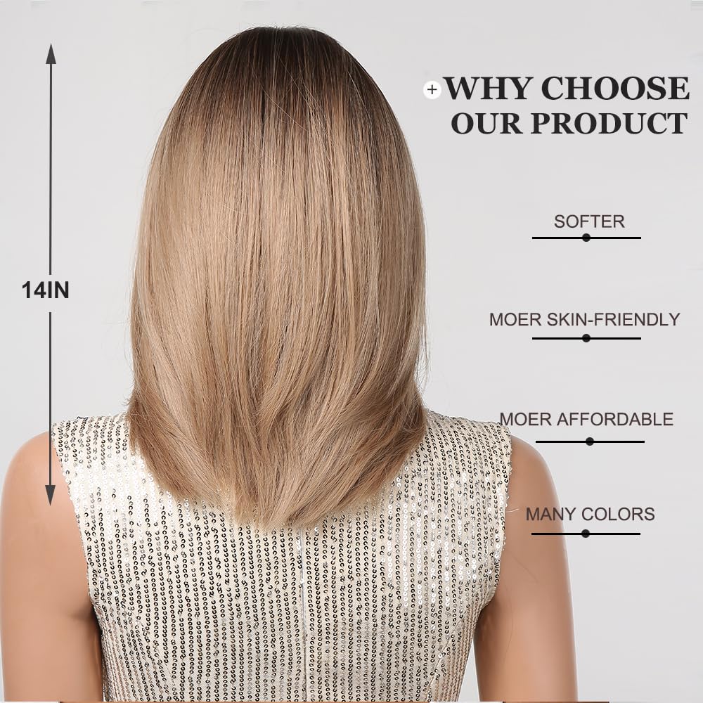 Short Straight Ombre Blonde Bob Wigs with Curtain Bangs – 24 Inch