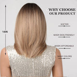 Short Straight Ombre Blonde Bob Wigs with Curtain Bangs – 24 Inch