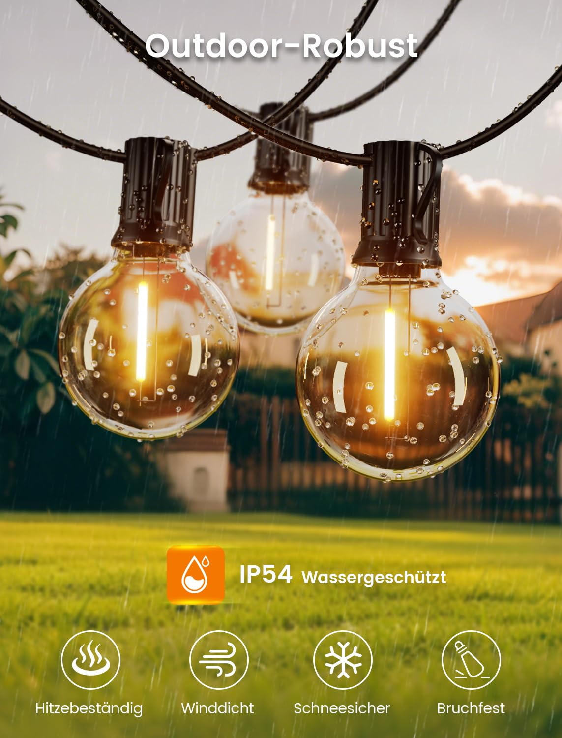 Ghirlandă luminoasă de exterior cu becuri G40 lungime 8m impermeabilă – Alb cald
