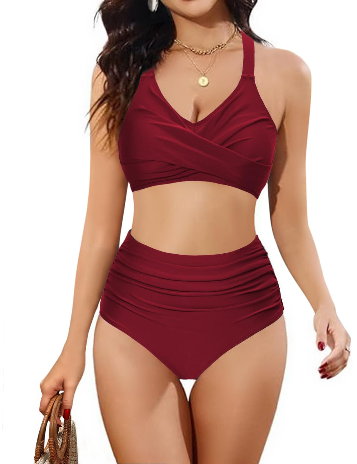 heekpek Women's Two-Piece Swimsuit High Waist Bikini Set Swimwear for Curvy Women Push Up Padded V-Neck Cross Front Swimsuit, Burgundy, XL