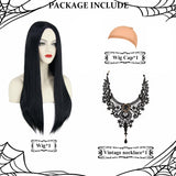 Women's Long Straight Black Wig with Necklace – Addams Costume Halloween