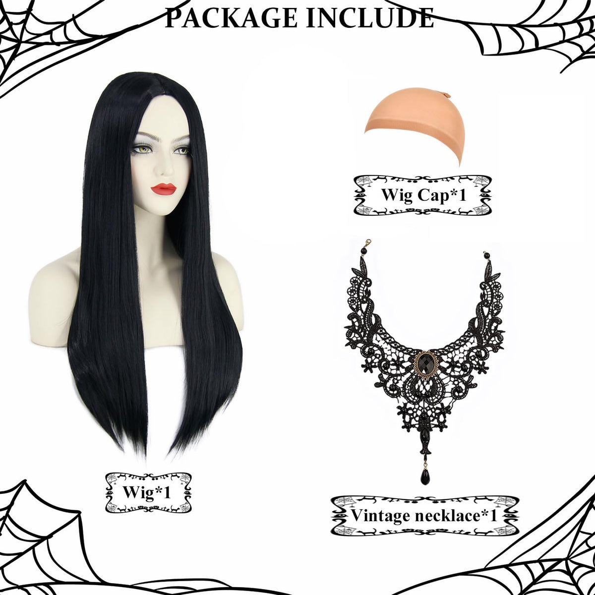 Women's Long Straight Black Wig with Necklace – Addams Costume Halloween