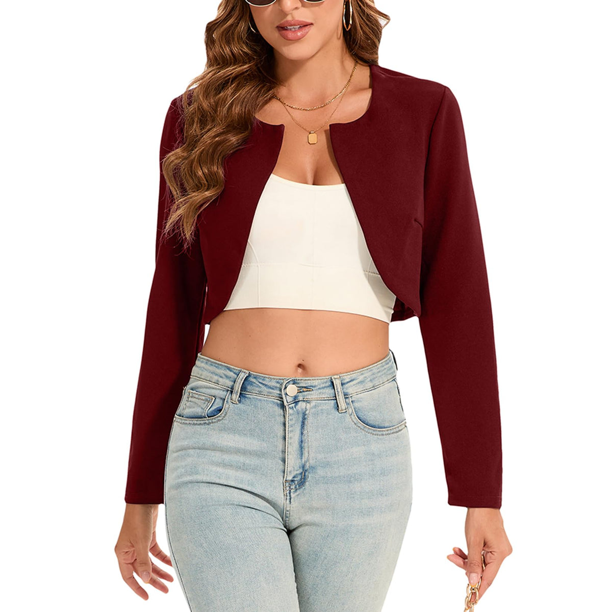 Bolero sacou scurt elegant de seară cu mânecă lungă – Grena / Bordô S