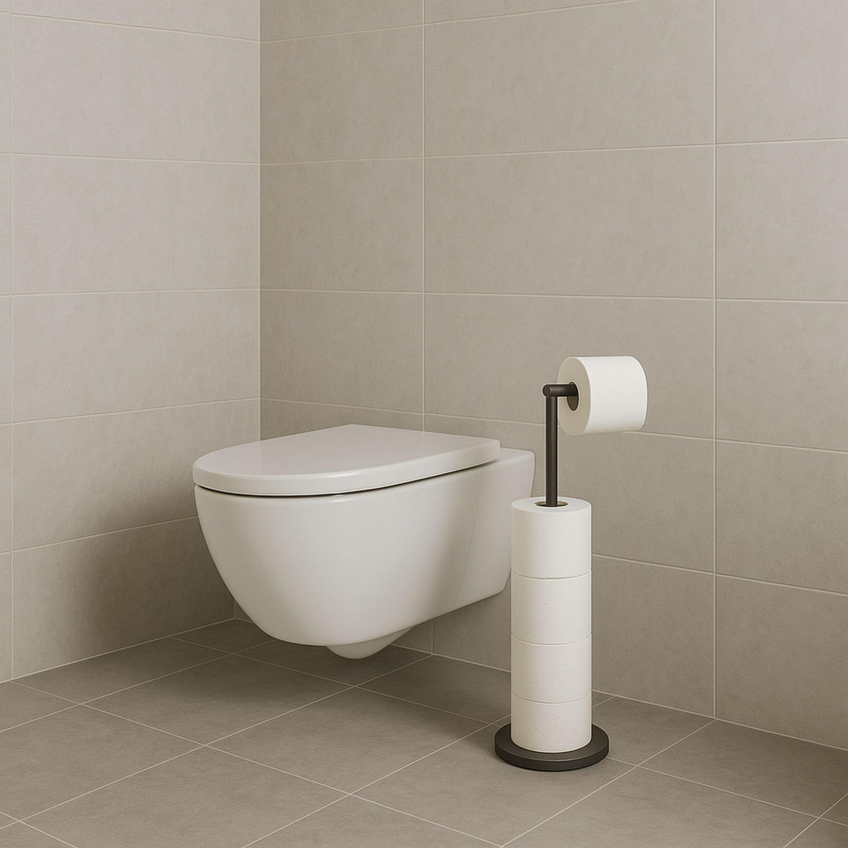 Freestanding Toilet Roll Holder Click-Up Arm Holds 4 Spare Rolls – Black