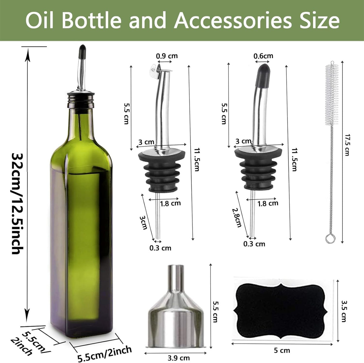 Oil & Vinegar Bottle Set 2×500ml Glass with Pourers Anti-Drip – Green