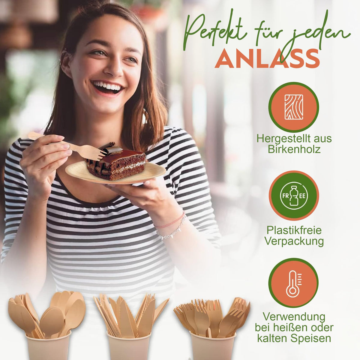 Disposable Wooden Cutlery Set 200-Piece Compostable & Biodegradable – Green 16 cm