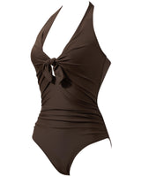 Costum de baie întreg damă tip halter decolteu în V cu efect de aplatizare – Negru