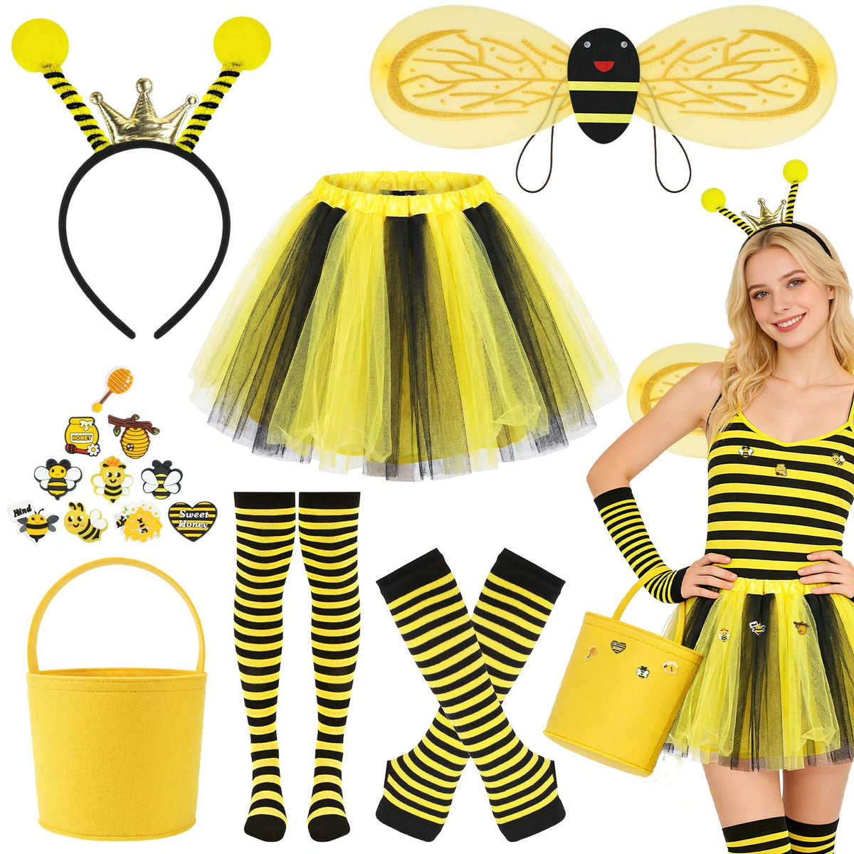Adult Bee Costume 16-piece Set Striped Dress & Accessories – One Size
