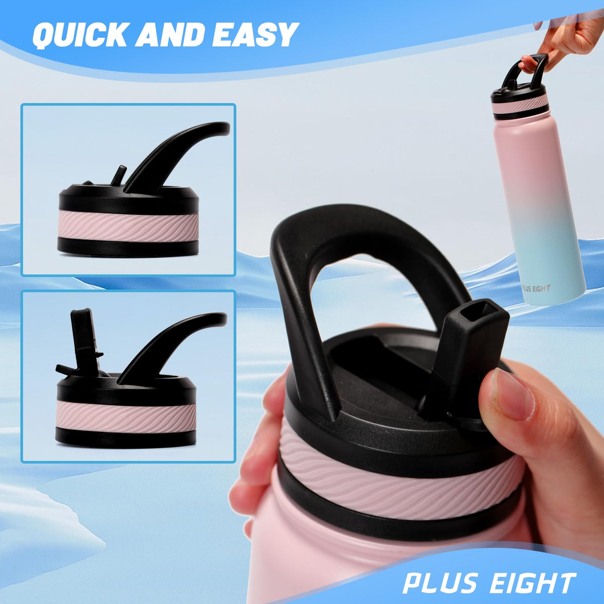 Stainless Steel Water Bottle 1000ml Leakproof Straw Lid Anti-Dust – Pink/Blue