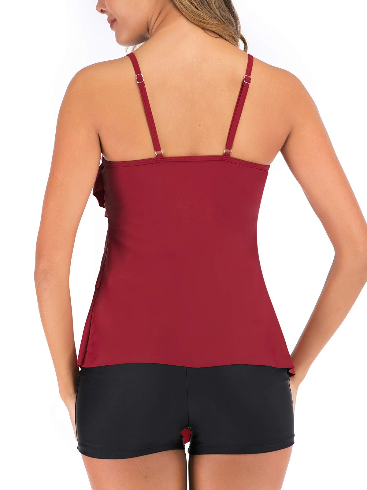 Women's 2-Piece Flounce Tankini Printed Top with Boyshorts Plus Size – Wine Red L