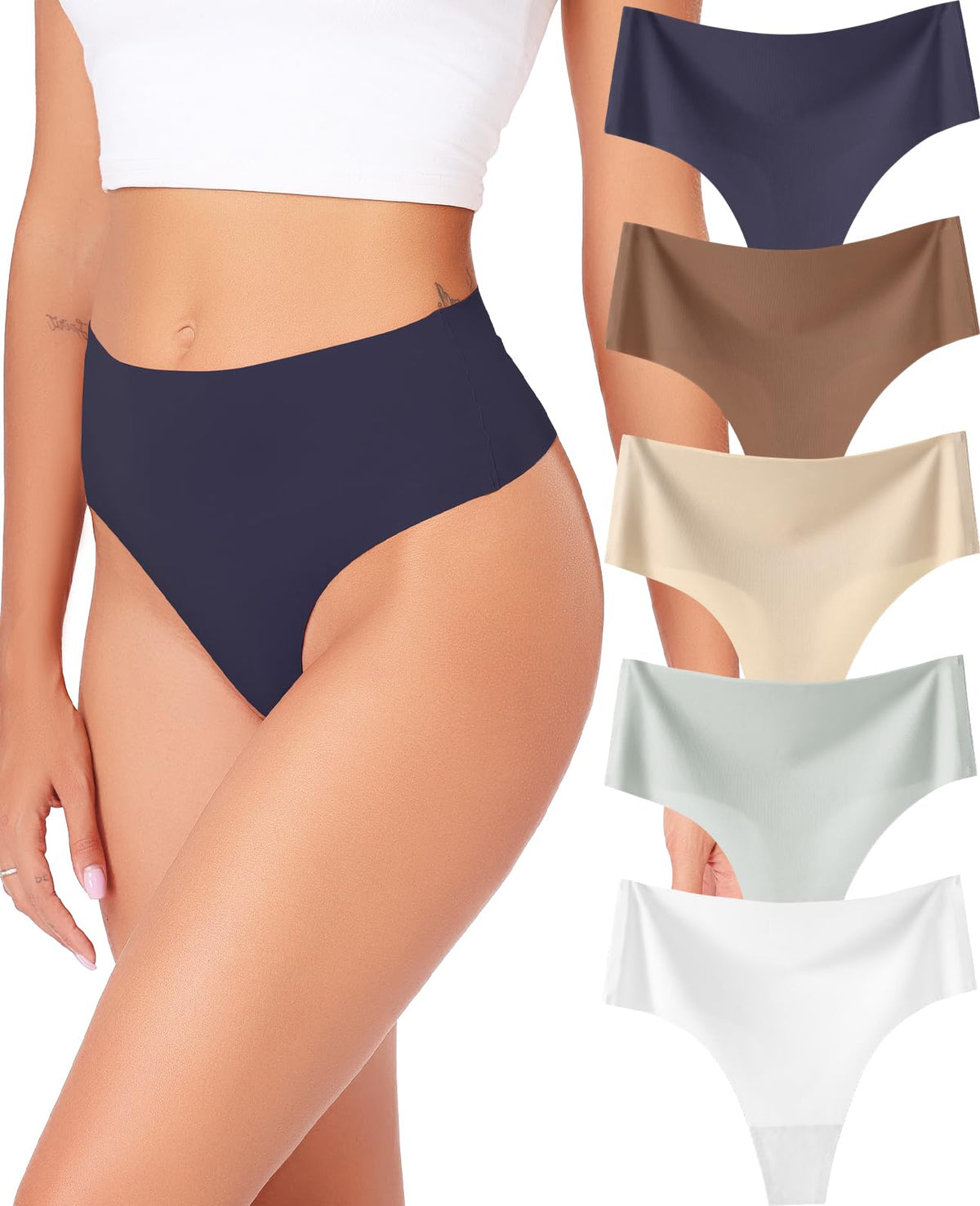 Women's High-Waisted Seamless Thongs 5-Pack Tummy Control No VPL – White XS
