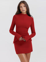 Rochie scurtă mulată cu guler semitunică și buzunar damă – Grena / Bordô