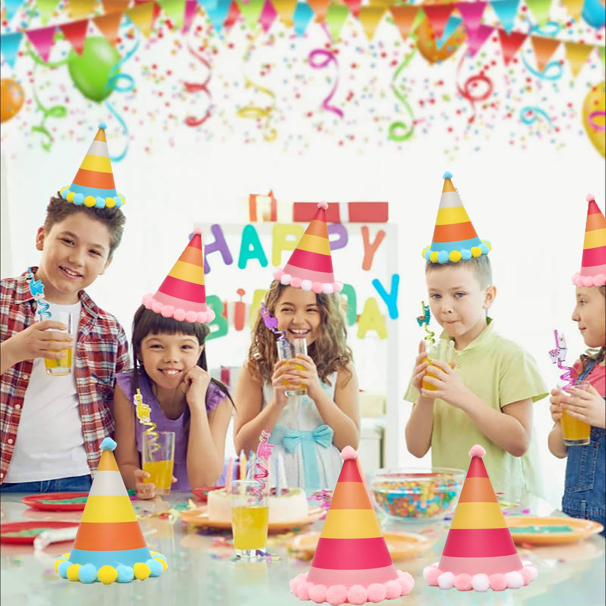 Party Hats 12-Pack Pom-Pom Birthday Celebration Party Decoration – Colourful