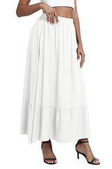 Women's Boho Ruffled A-Line Maxi Skirt Elastic Waist with Pockets – White S