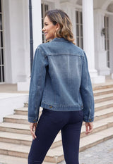 Women's Short Denim Jacket Oversized Long Sleeve with Pockets - Blue S
