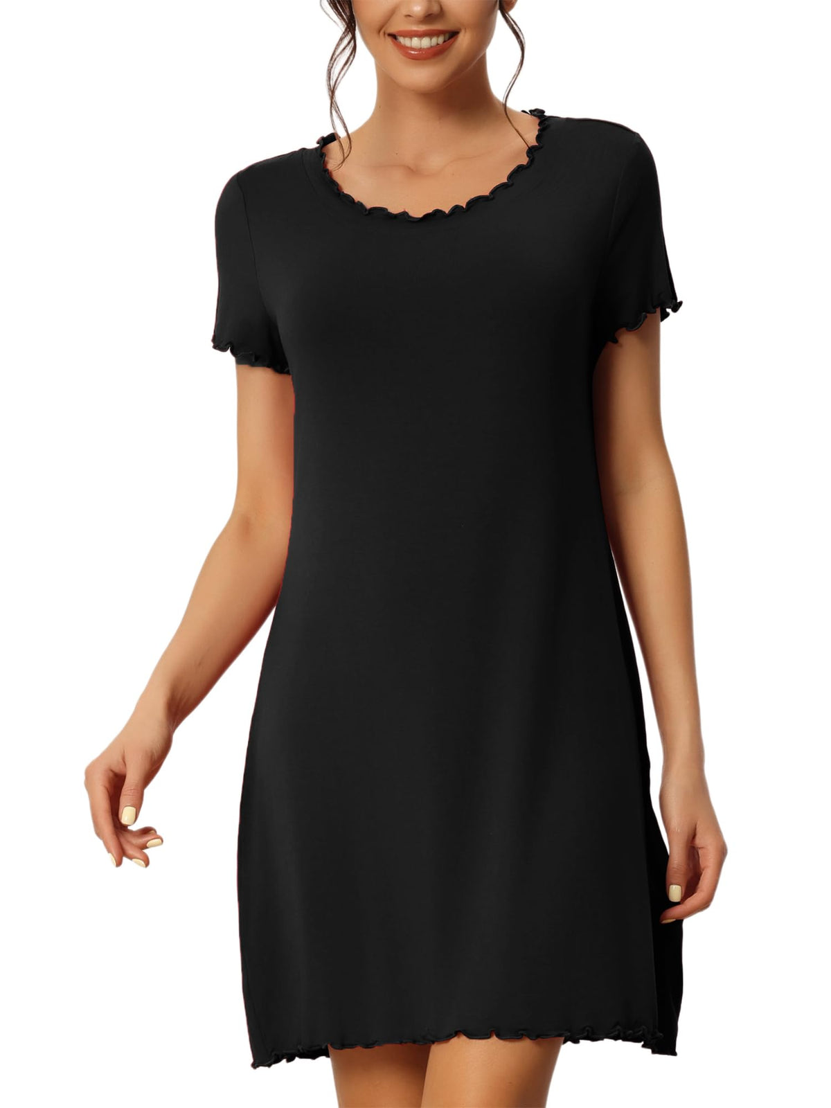 Women's Ruffled Short-Sleeve Sleep Shirt Nightgown Loungewear – Black XS