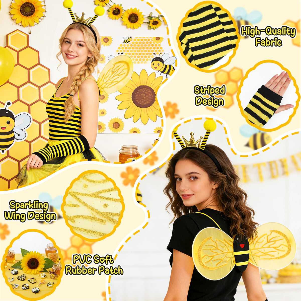 Adult Bee Costume 16-piece Set Striped Dress & Accessories – One Size
