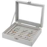 Velvet Jewellery Box 7-Compartment Ring Organizer with Transparent Lid