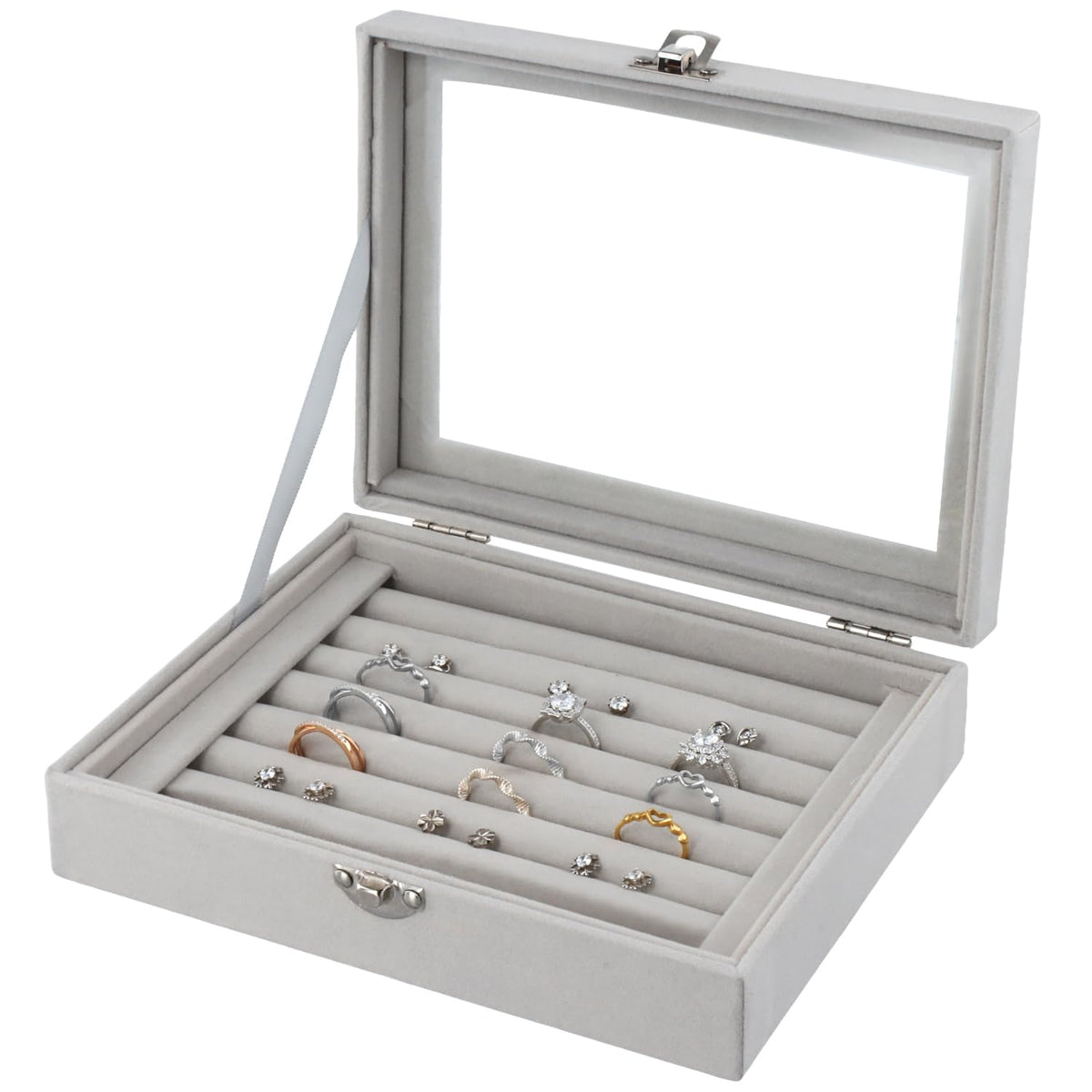 Velvet Jewellery Box 7-Compartment Ring Organizer with Transparent Lid