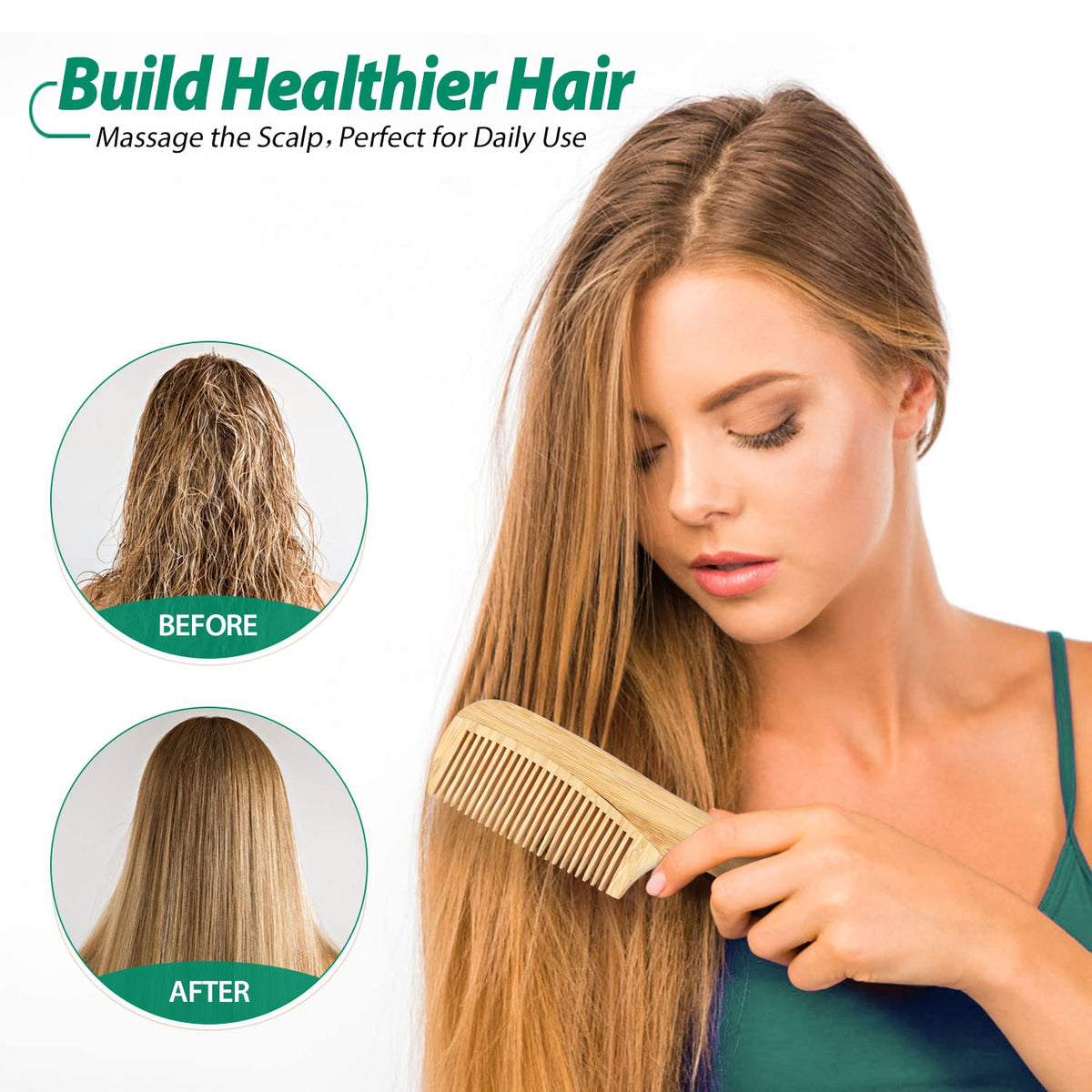 Bamboo Hair Comb Set Wide & Fine Teeth Anti-Static Heat-Resistant – Natural