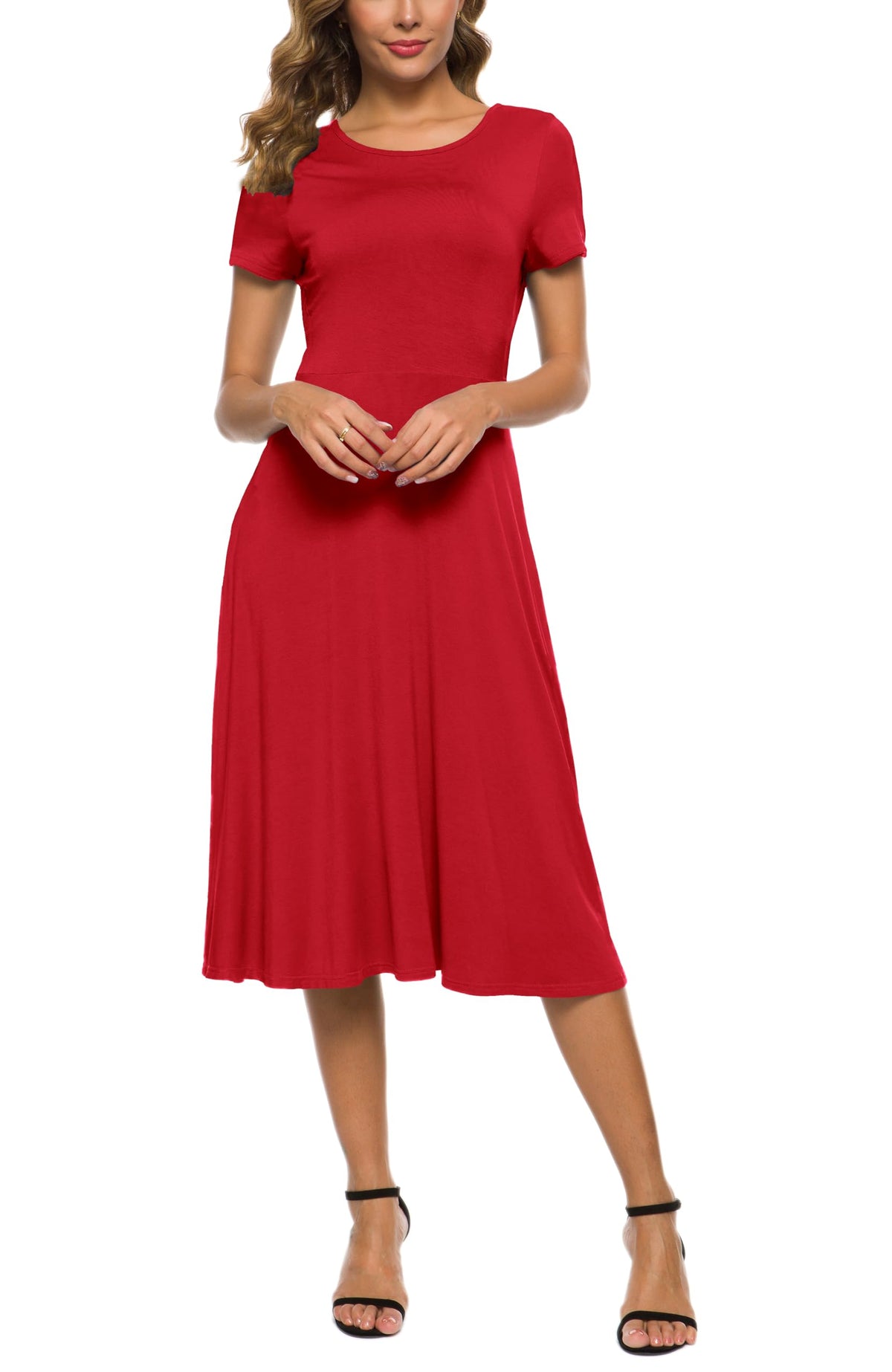 Rochie midi cloș lejeră damă EXCHIC guler rotund – Roșu XL