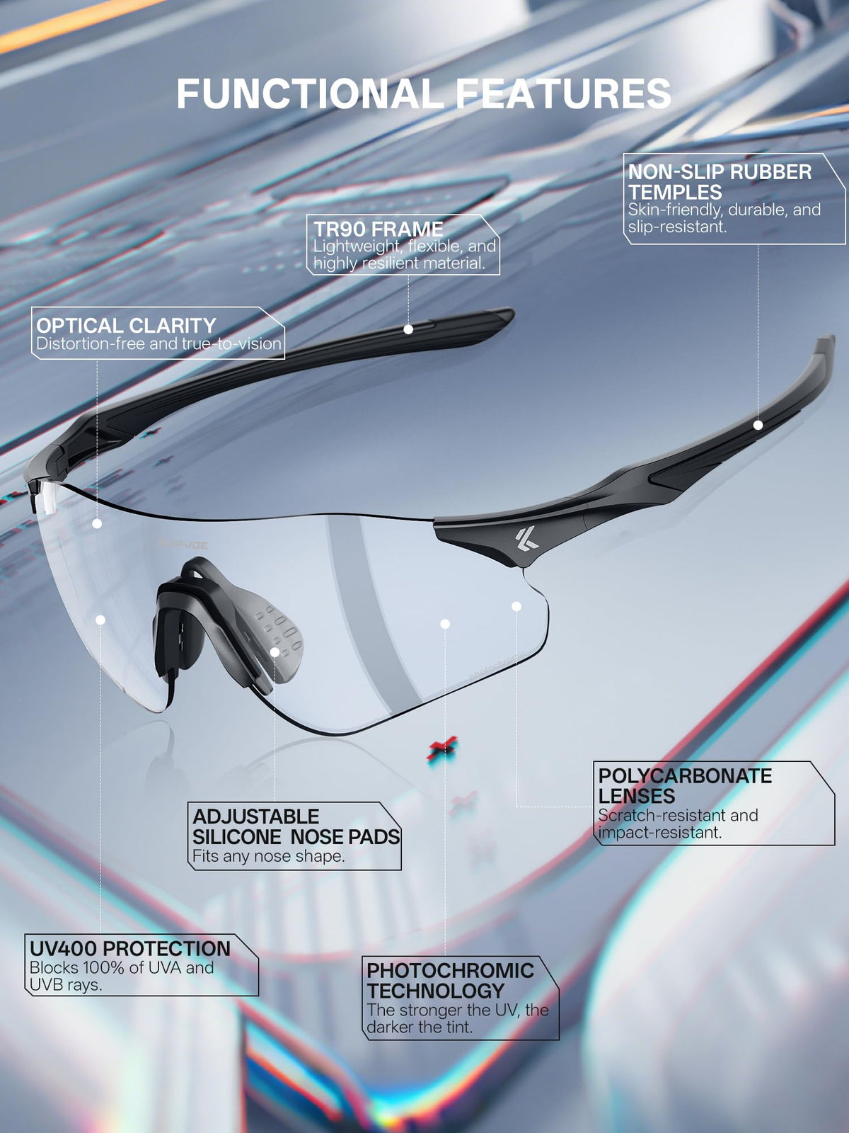 Photochromic UV400 Cycling Glasses TR90 Lightweight 22g – Black K108