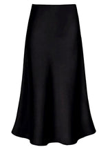 Women's High-Waist Satin Maxi Skirt A-Line Zipper Pleated – Black L