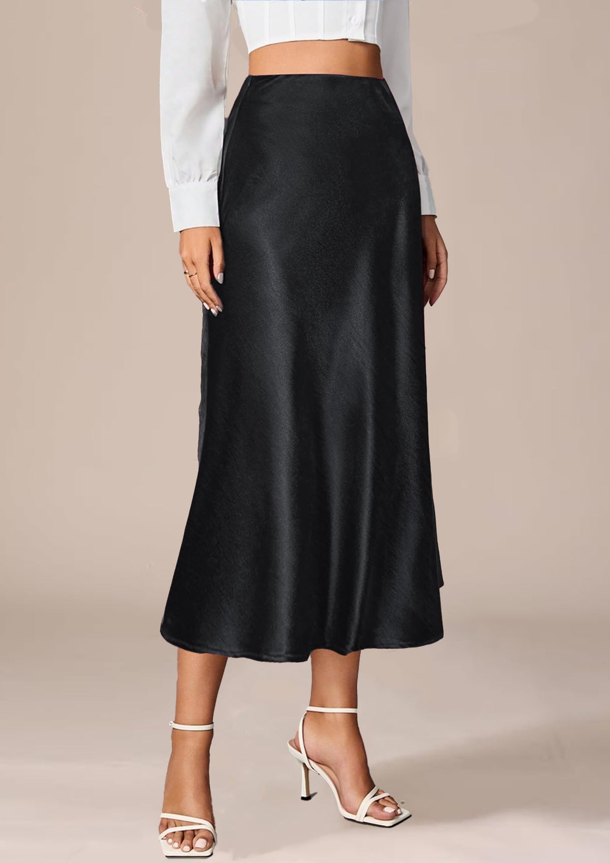 Women's High-Waist Satin Maxi Skirt A-Line Zipper Pleated – Black L