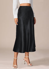 Women's High-Waist Satin Maxi Skirt A-Line Zipper Pleated – Black L