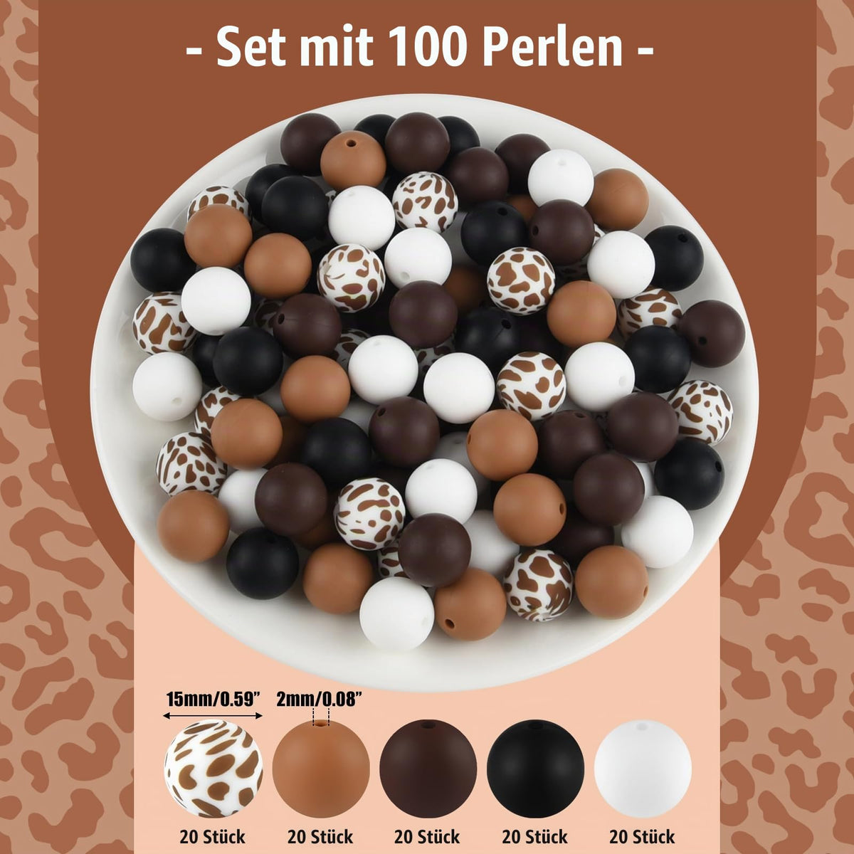 Mărgele rotunde din silicon 15 mm pentru bijuterii handmade, set 100 bucăți – Maro/Alb