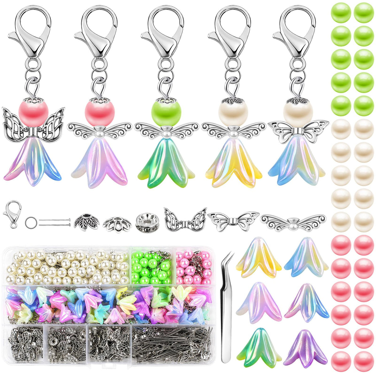 80-Piece Guardian Angel Keychain Set with Tweezers & Box – Multicolour