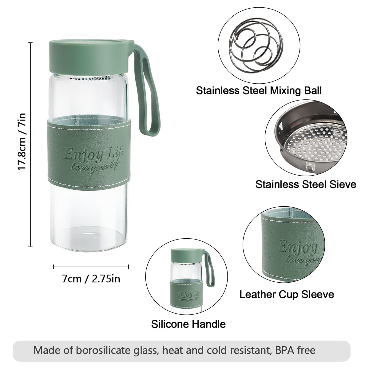 Shaker sticlă pentru proteine și smoothie 480 ml cu sită de mixare – Transparent