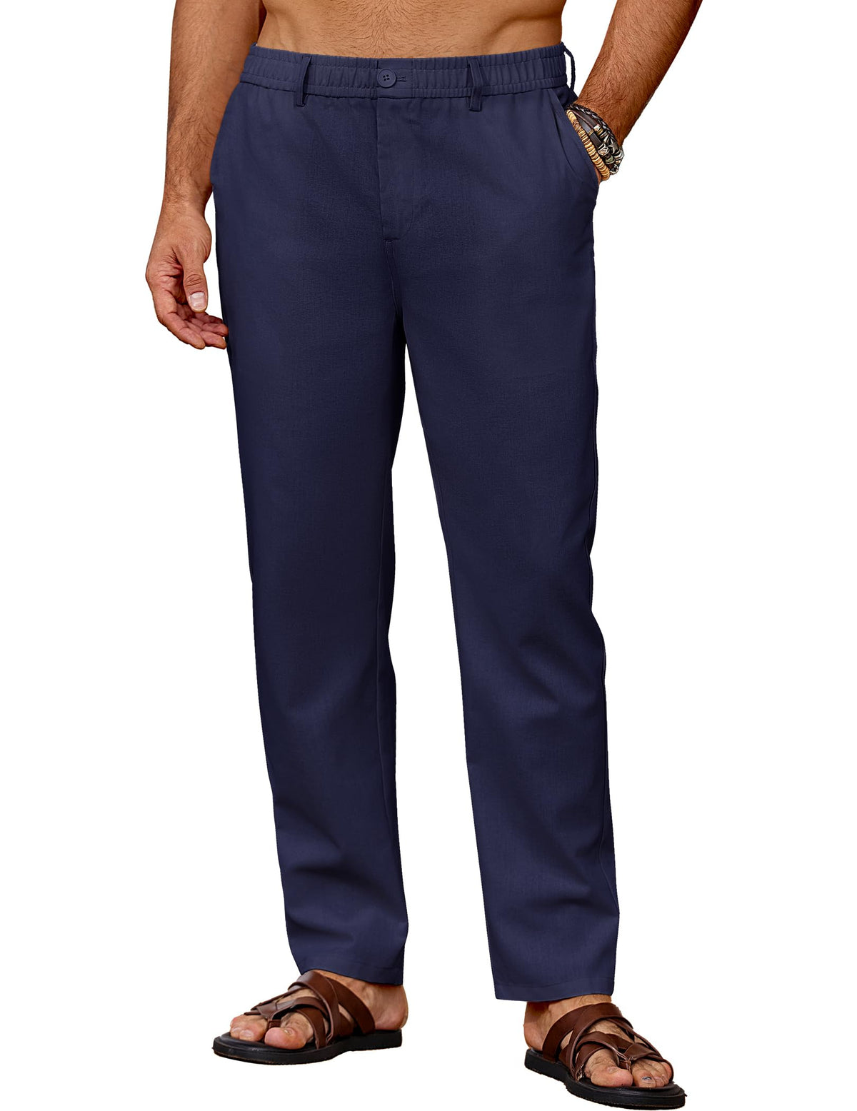 Pantaloni de in pentru bărbați lejeri de vară cu șnur în talie – Bleumarin XXL