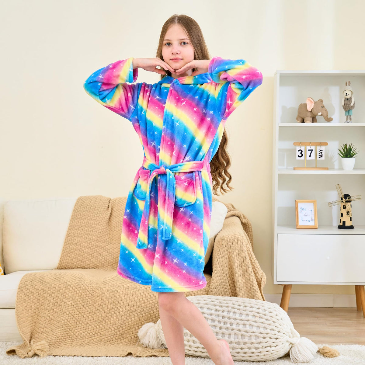 Girls' Plush Hooded Bathrobe with Cat Ears Soft Dressing Gown – Rainbow 5-6 Years