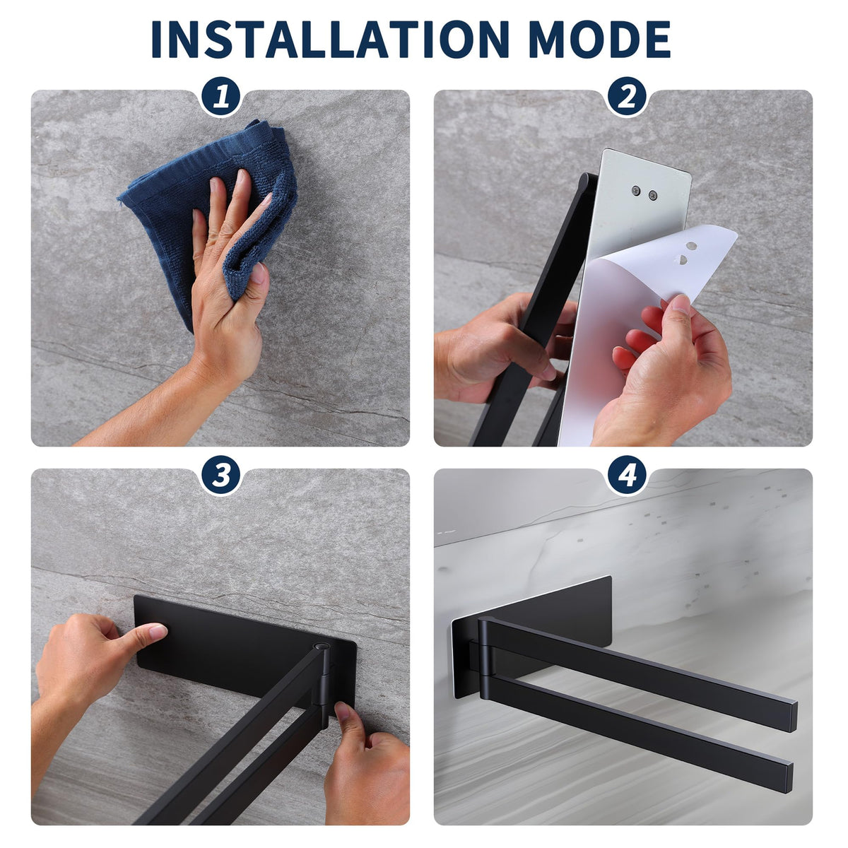 Self-Adhesive Wall Towel Rail 2-Arm 180° Rotatable Double – Matte Black