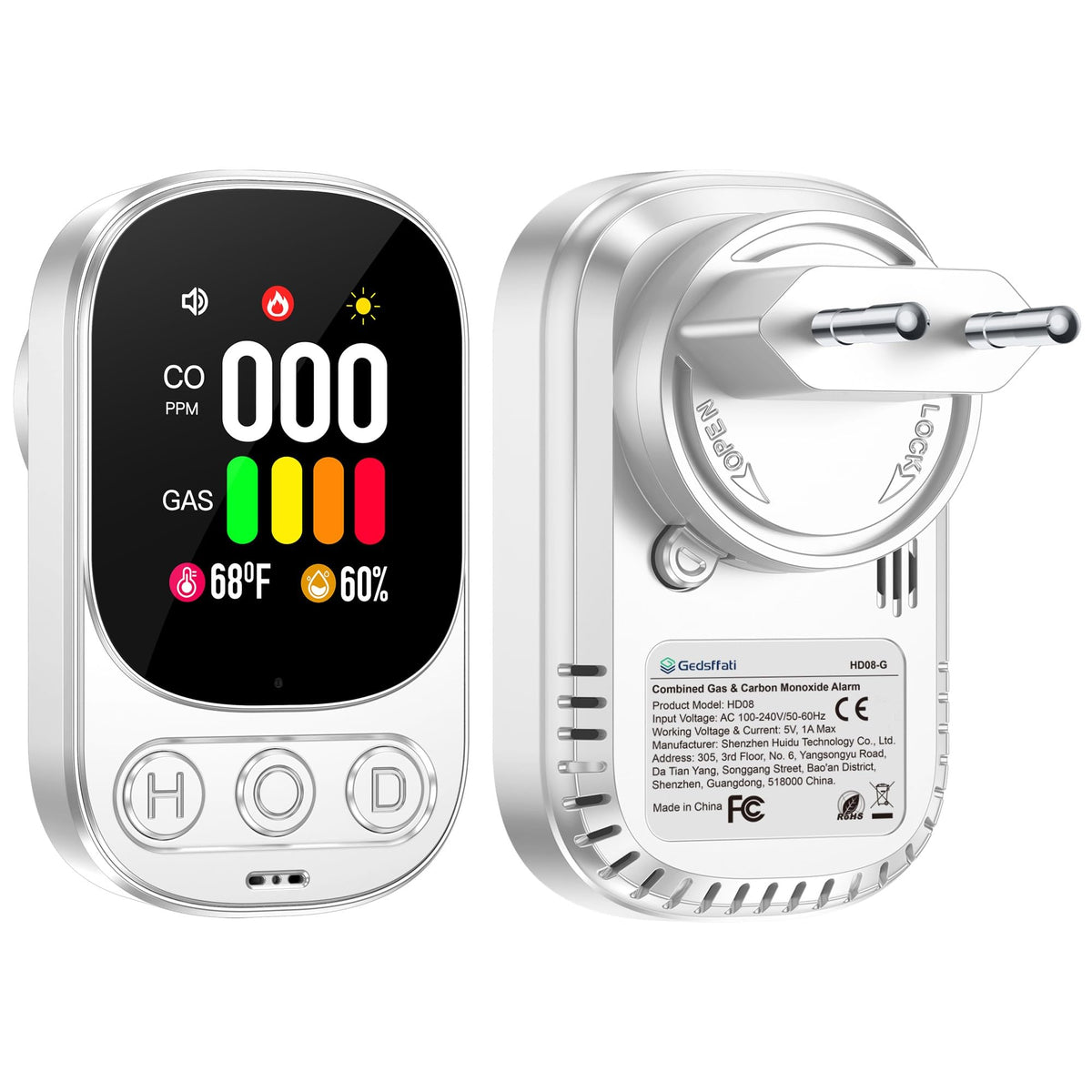 Plug-In Gas & Carbon Monoxide Detector Combo Alarm for Natural Gas LPG Methane Propane – White HD08-G