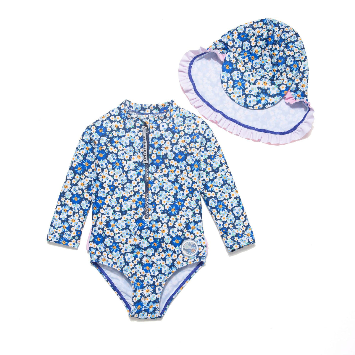 One-Piece Baby Girl Swimsuit Long Sleeve UV 50+ Protection – Blue White 3-6 Months